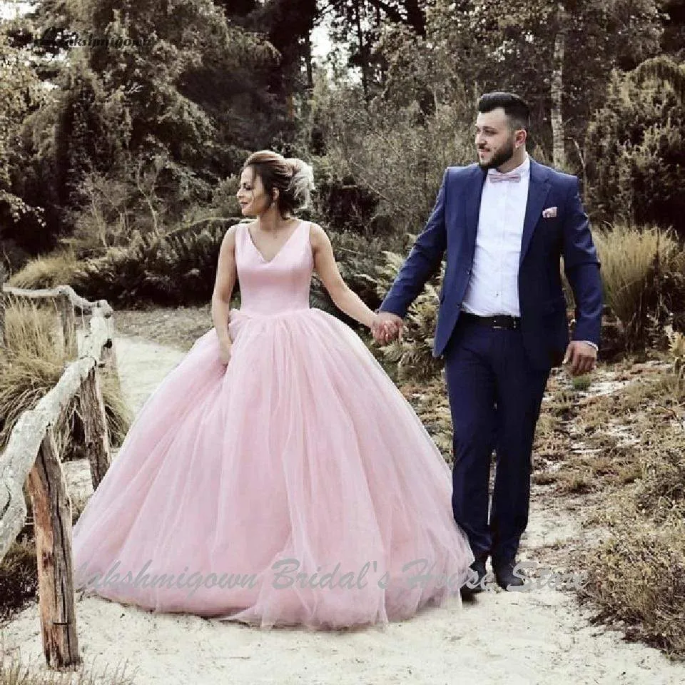 Roycebridal Satin V-neck Tulle Ball Gown Wedding Dresses