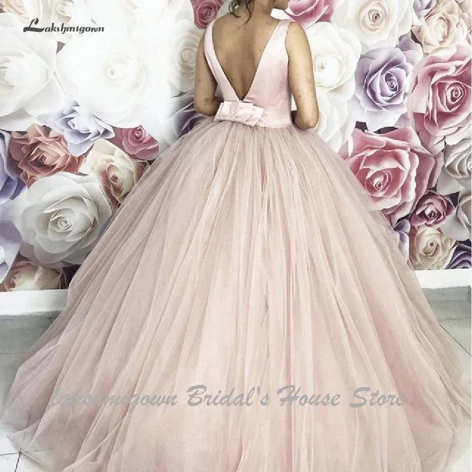 Roycebridal Satin V-neck Tulle Ball Gown Wedding Dresses