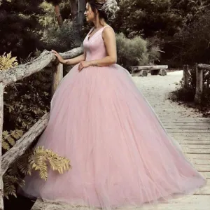 Roycebridal Satin V-neck Tulle Ball Gown Wedding Dresses