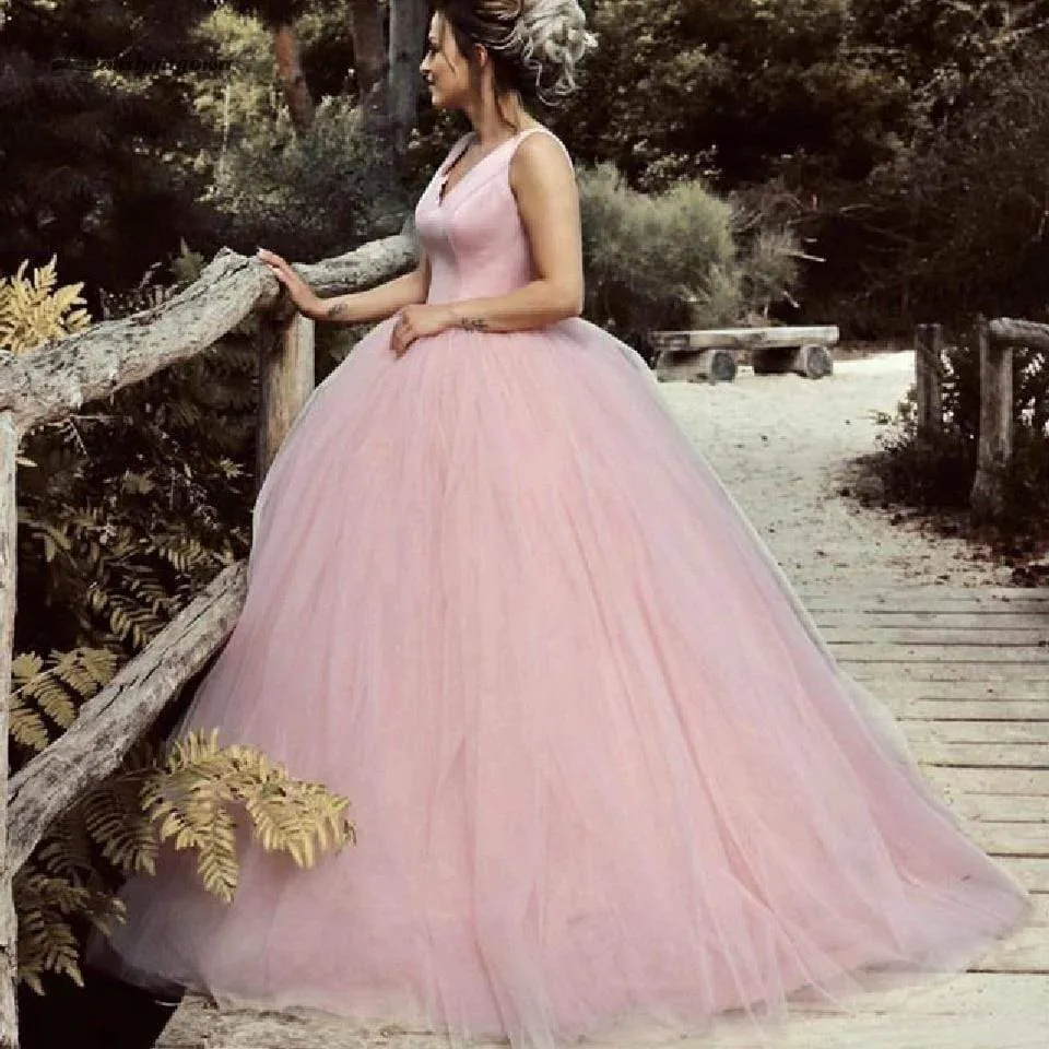 Roycebridal Satin V-neck Tulle Ball Gown Wedding Dresses