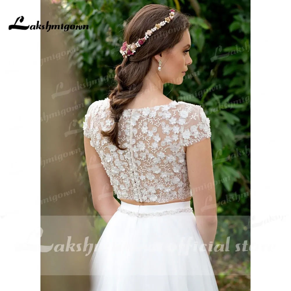 Roycebridal Sexy Wedding Dress Boho Two Pieces 2 A-Line Chiffon Side Slit Floor Length Long Sleeve Bohemian Bridal Gowns Robe De Marie