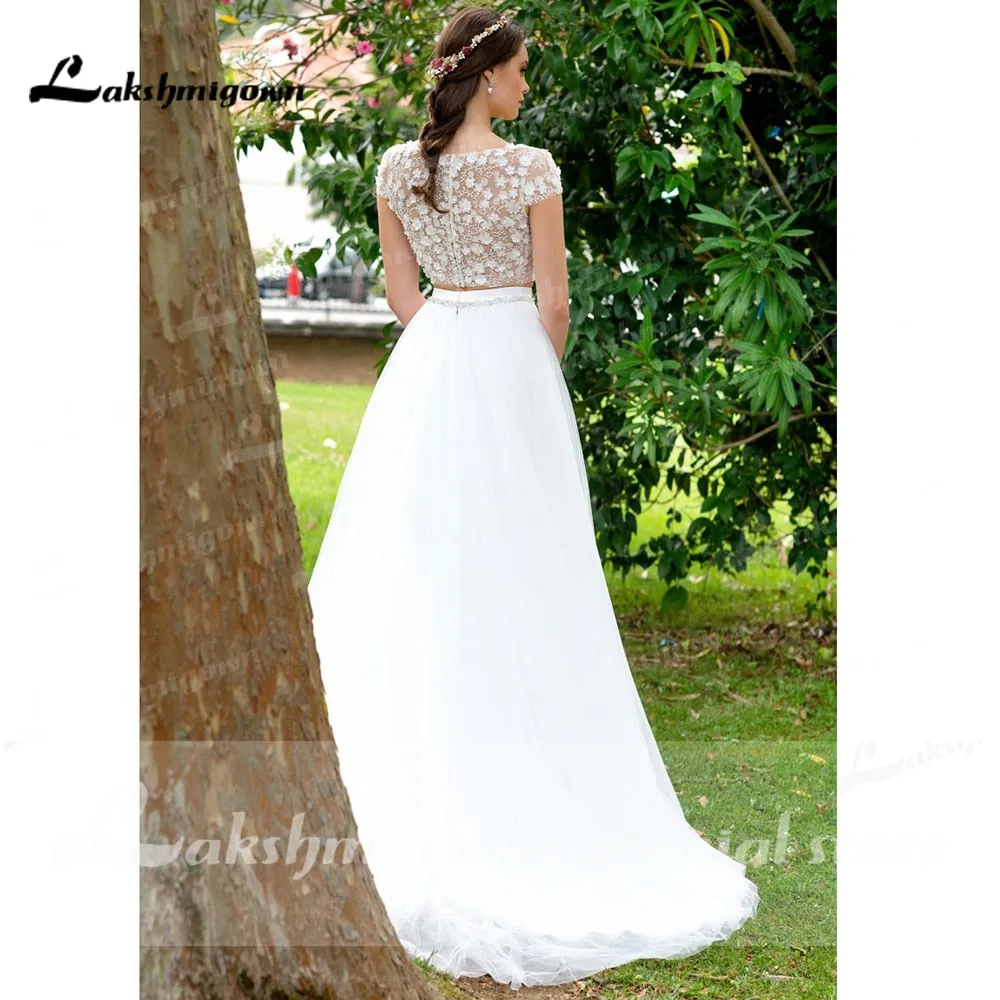 Roycebridal Sexy Wedding Dress Boho Two Pieces 2 A-Line Chiffon Side Slit Floor Length Long Sleeve Bohemian Bridal Gowns Robe De Marie