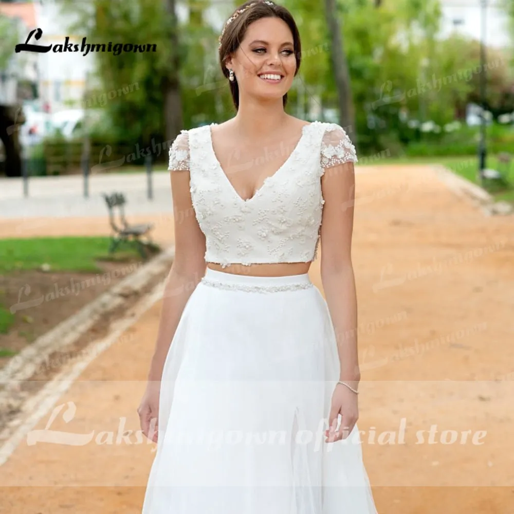 Roycebridal Sexy Wedding Dress Boho Two Pieces 2 A-Line Chiffon Side Slit Floor Length Long Sleeve Bohemian Bridal Gowns Robe De Marie