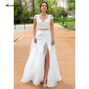 Roycebridal Sexy Wedding Dress Boho Two Pieces 2 A-Line Chiffon Side Slit Floor Length Long Sleeve Bohemian Bridal Gowns Robe De Marie