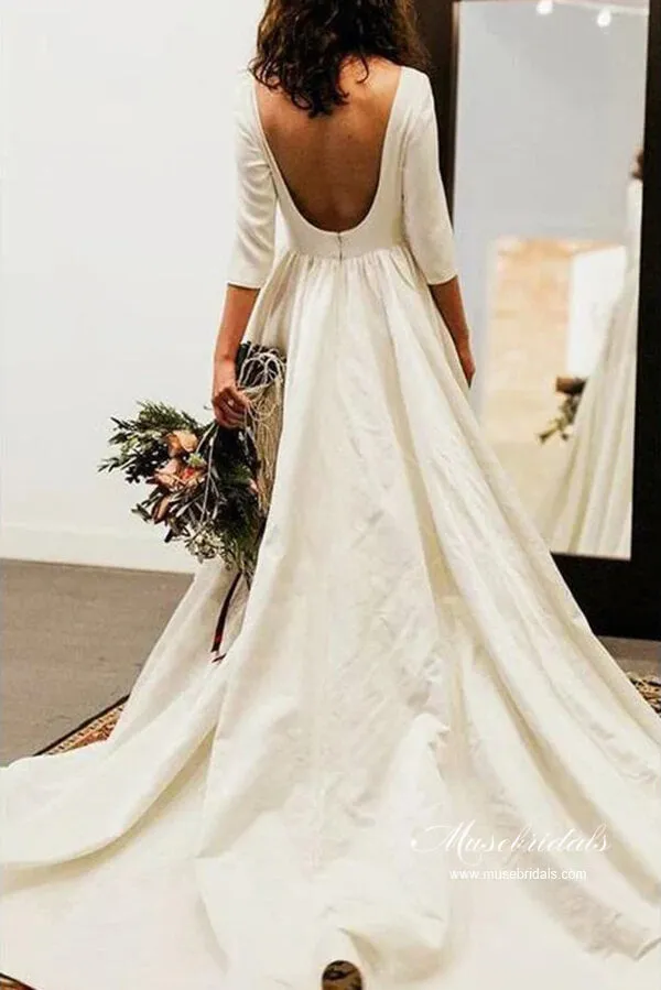 Roycebridal Simple 3/4 Sleeves Backless Modest Wedding Dresses, Bridal Gowns, MW972