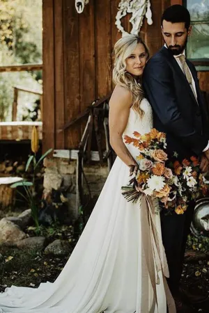 Roycebridal Simple Chiffon Lace A-line Sweetheart Strapless Beach Wedding Dress, MW642