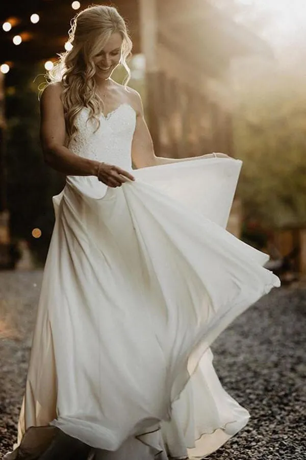 Roycebridal Simple Chiffon Lace A-line Sweetheart Strapless Beach Wedding Dress, MW642