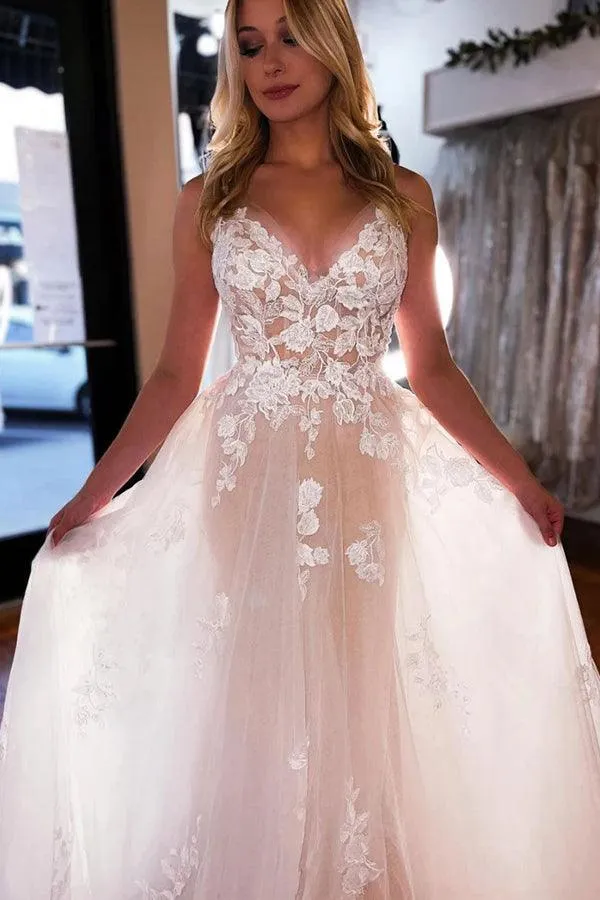 Roycebridal Tulle A-line V-neck Wedding Dress With Lace Appliques, Wedding Gown, MW923