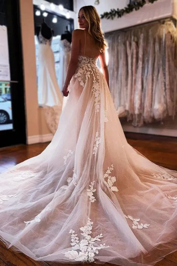 Roycebridal Tulle A-line V-neck Wedding Dress With Lace Appliques, Wedding Gown, MW923