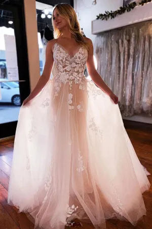 Roycebridal Tulle A-line V-neck Wedding Dress With Lace Appliques, Wedding Gown, MW923