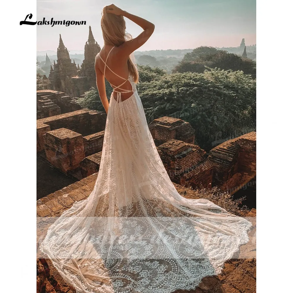 Roycebridal Vestido Summer Boho Wedding Dresses Criss-cross Strap Floral Embroidery Bodice Lace Beach Sexy Simple Wedding Bridal Gown