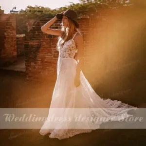 Roycebridal Vestido Summer Boho Wedding Dresses Criss-cross Strap Floral Embroidery Bodice Lace Beach Sexy Simple Wedding Bridal Gown