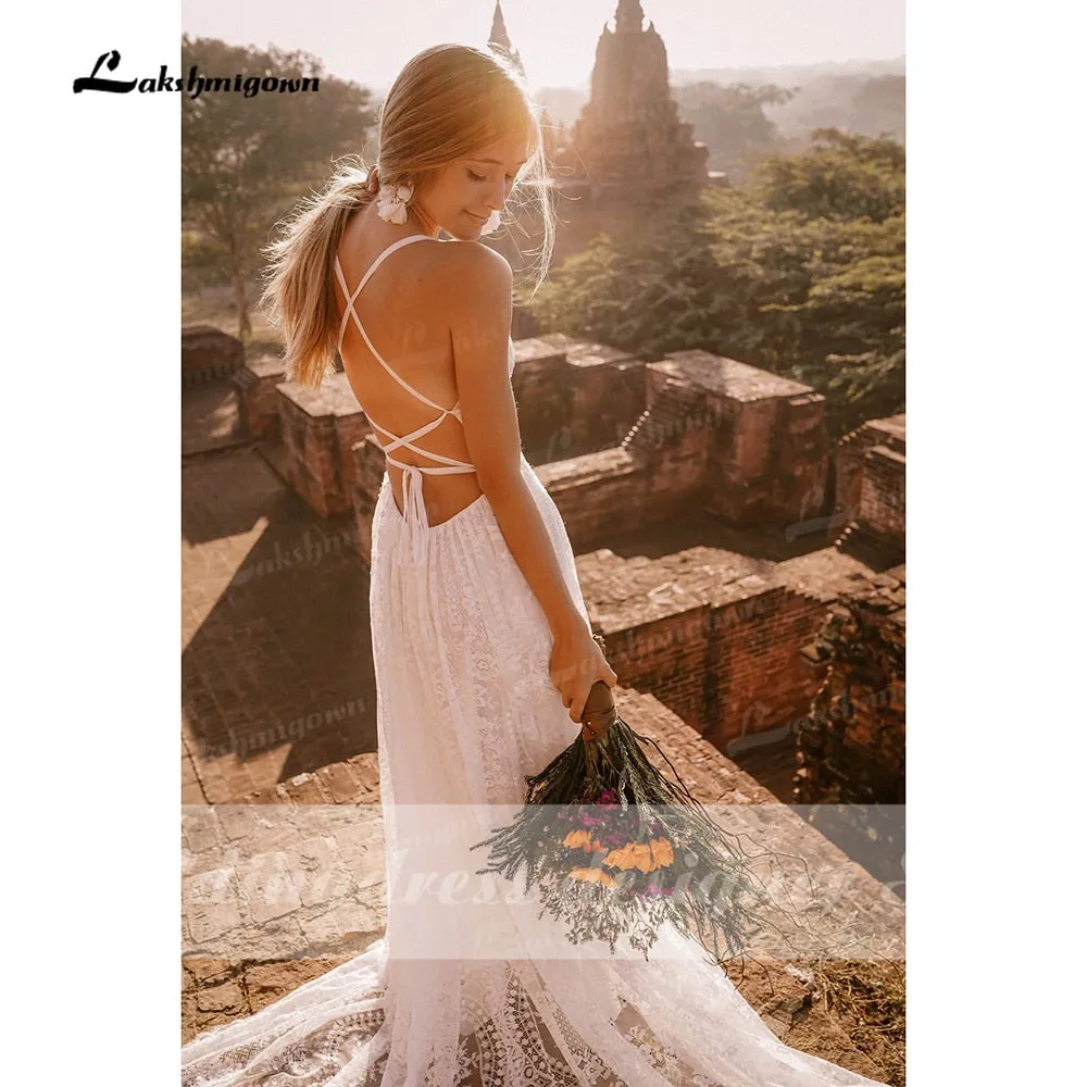 Roycebridal Vestido Summer Boho Wedding Dresses Criss-cross Strap Floral Embroidery Bodice Lace Beach Sexy Simple Wedding Bridal Gown