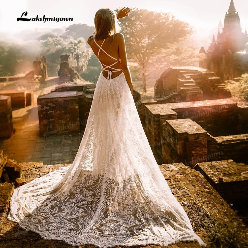 Roycebridal Vestido Summer Boho Wedding Dresses Criss-cross Strap Floral Embroidery Bodice Lace Beach Sexy Simple Wedding Bridal Gown