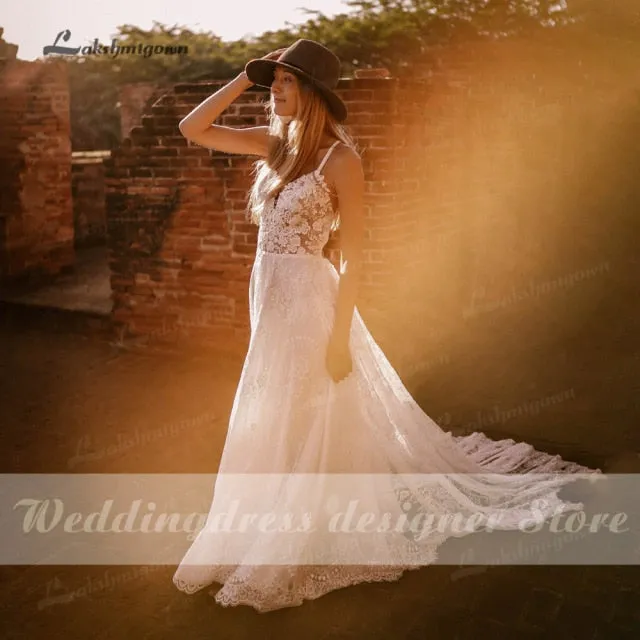 Roycebridal Vestido Summer Boho Wedding Dresses Criss-cross Strap Floral Embroidery Bodice Lace Beach Sexy Simple Wedding Bridal Gown