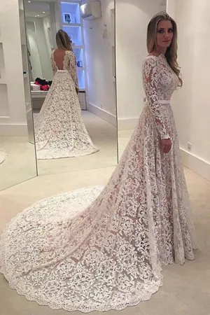 Roycebridal White Lace Backless A line Long Sleeve Long Wedding Dresses, Bridal Dresses, MW190