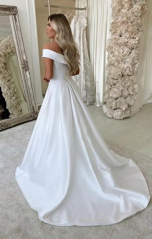 Roycebridal White Satin A-line V-neck Sweep Train Wedding Dresses, Bridal Dress, MW695