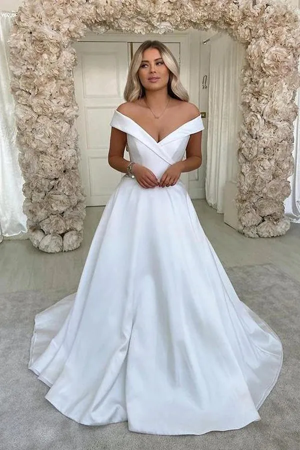 Roycebridal White Satin A-line V-neck Sweep Train Wedding Dresses, Bridal Dress, MW695