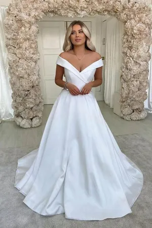Roycebridal White Satin A-line V-neck Sweep Train Wedding Dresses, Bridal Dress, MW695