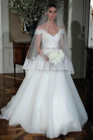 Roycebridal White Tulle Beaded Off Shoulder A-line Lace Wedding Dresses Bridal Dress, MW254