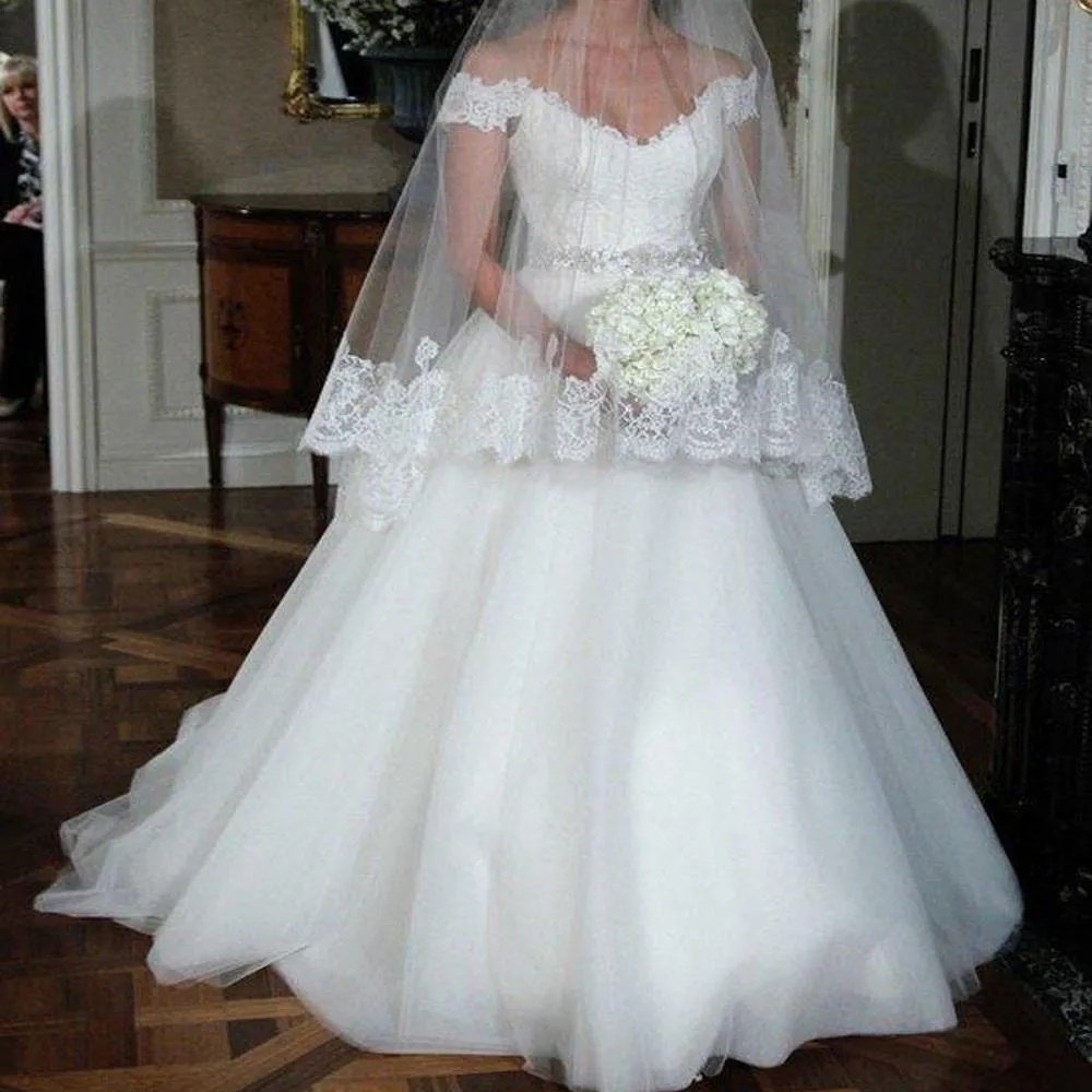 Roycebridal White Tulle Beaded Off Shoulder A-line Lace Wedding Dresses Bridal Dress, MW254