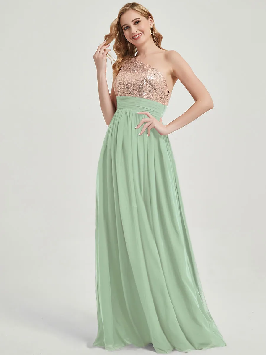 Sage Green One-Shoulder Sequin Chiffon Maxi A-Line Bridesmaid Dress