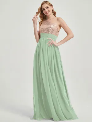 Sage Green One-Shoulder Sequin Chiffon Maxi A-Line Bridesmaid Dress