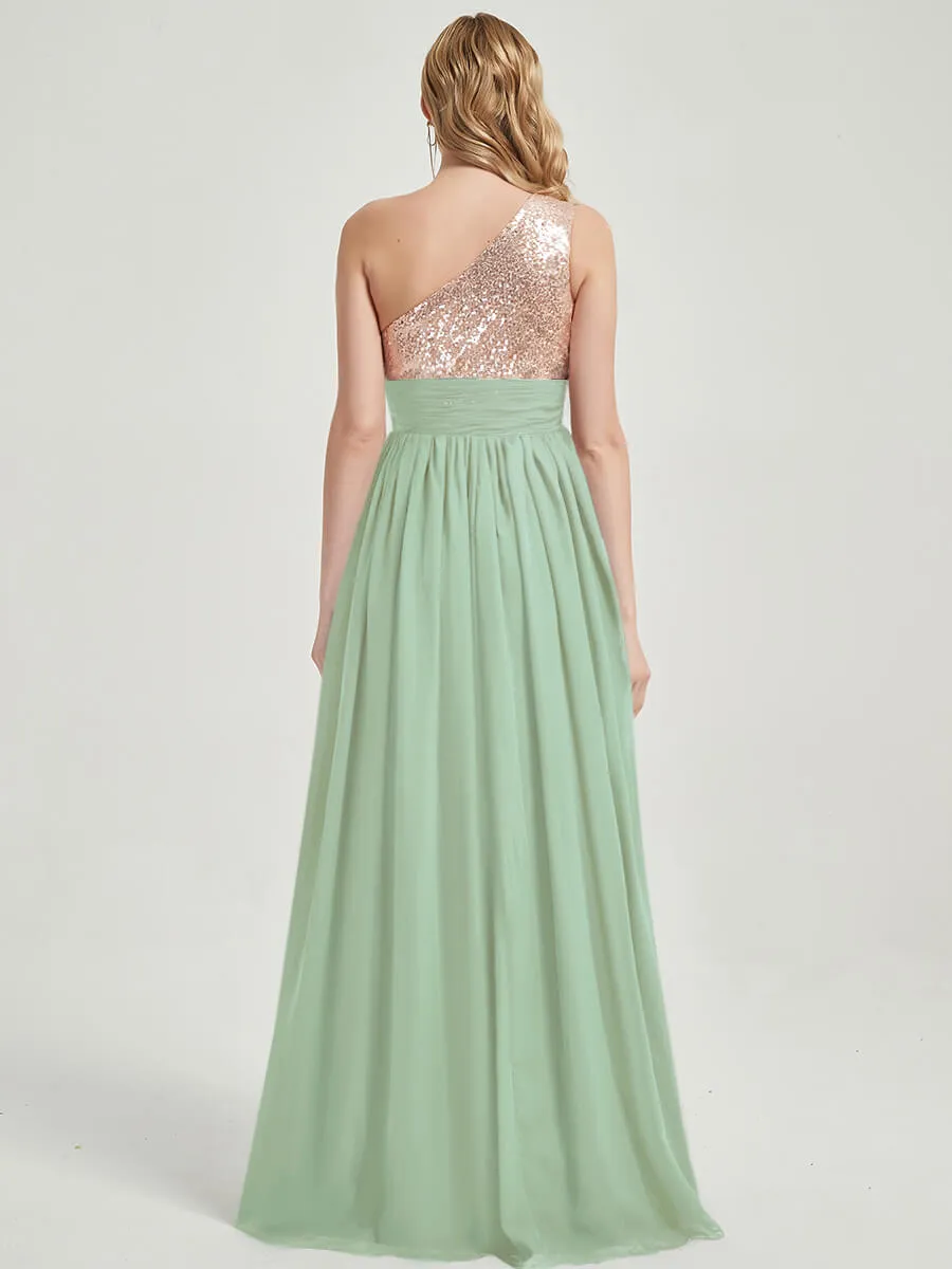 Sage Green One-Shoulder Sequin Chiffon Maxi A-Line Bridesmaid Dress