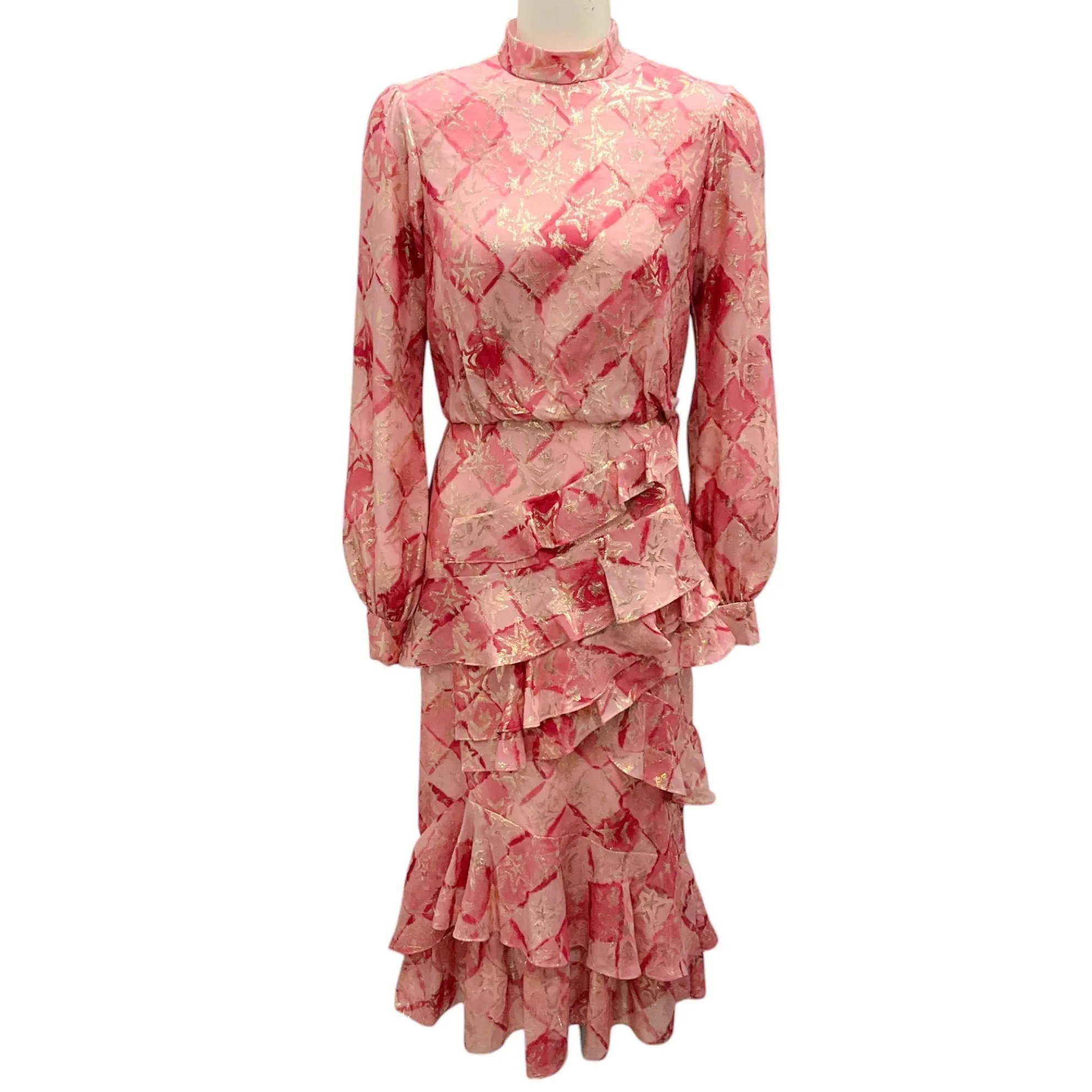 Saloni Rose Check Stars Jacquard Ruffle Dress