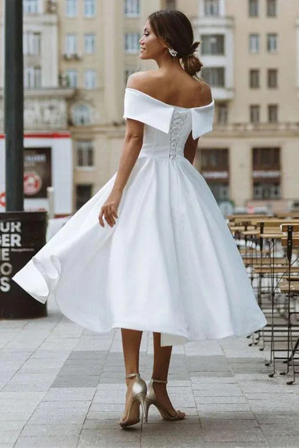 Satin A-line Off-the-Shoulder Tea-length Vintage Wedding Dresses, SW641