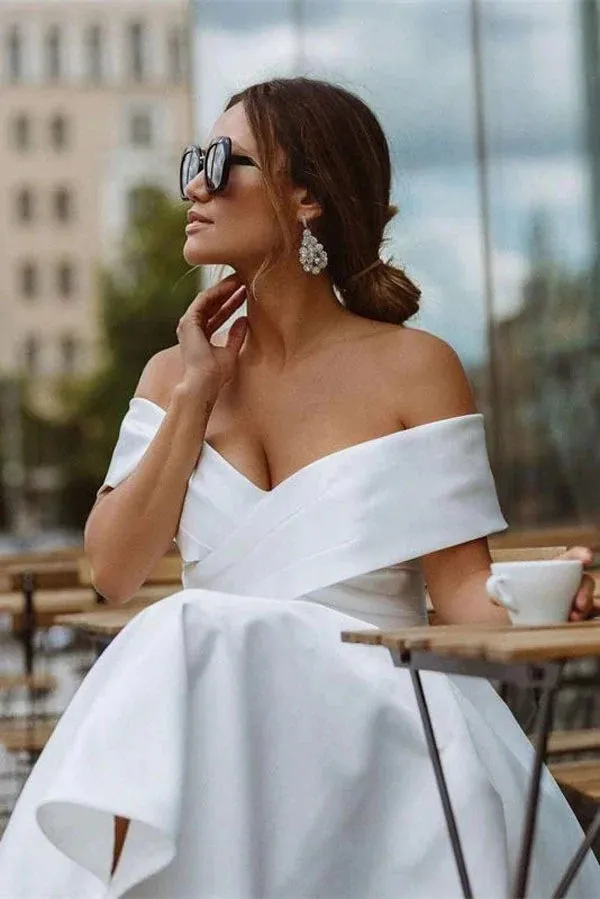 Satin A-line Off-the-Shoulder Tea-length Vintage Wedding Dresses, SW641