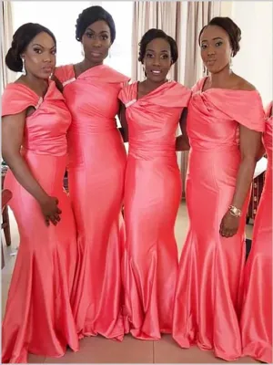 Satin Off Shoulder Sleeveless Bridesmaid Dresses Floor Length
