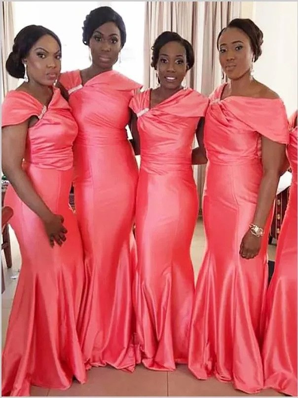 Satin Off Shoulder Sleeveless Bridesmaid Dresses Floor Length