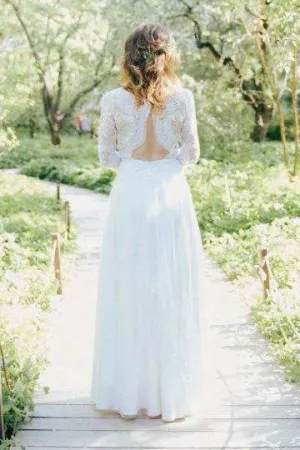 Scoop-Neck Illusion 3-4-Sleeve Sheath Wedding Dress-714937