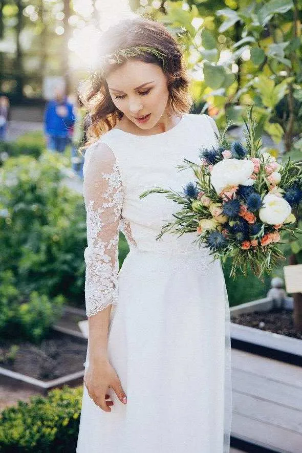 Scoop-Neck Illusion 3-4-Sleeve Sheath Wedding Dress-714937