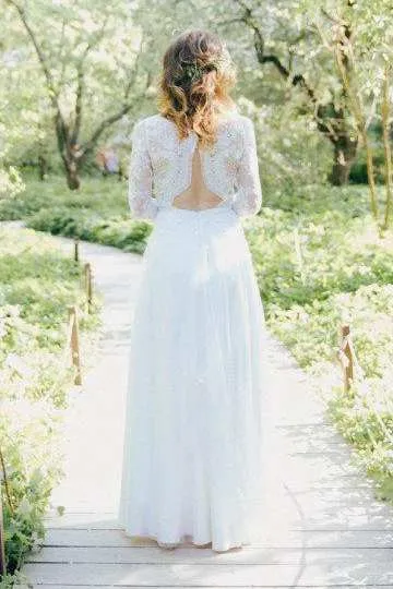 Scoop-Neck Illusion 3-4-Sleeve Sheath Wedding Dress-714937