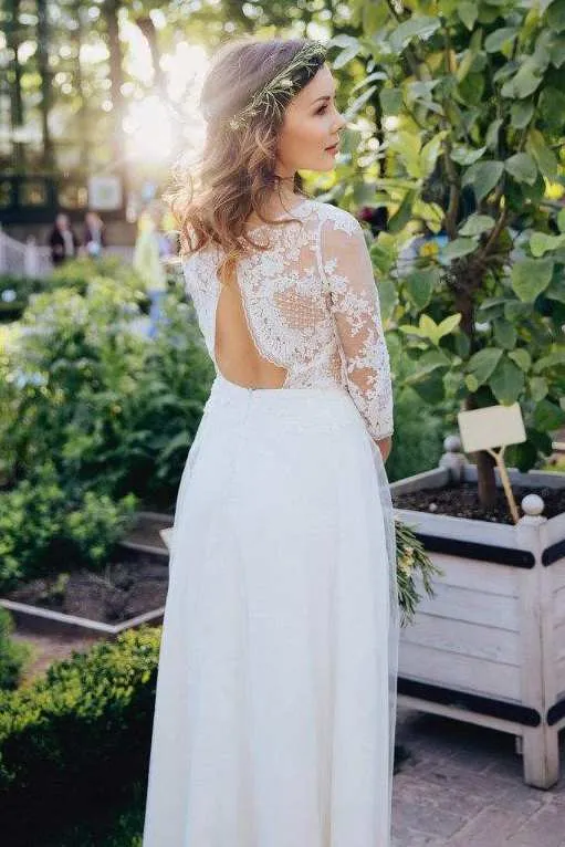 Scoop-Neck Illusion 3-4-Sleeve Sheath Wedding Dress-714937