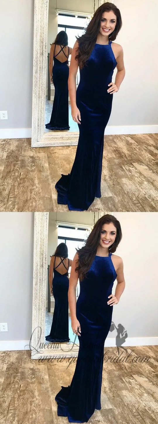 Sexy Blue Velvet Mermaid Long Cross Back Evening Prom Dresses, QB0468