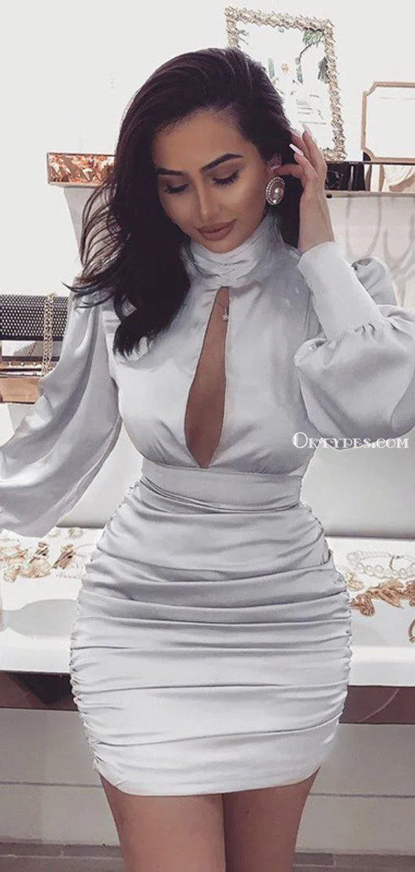 Sexy High Neck Open Chest Long Sleeves Silver Cheap Short Homecoming Dresses, HDS0003