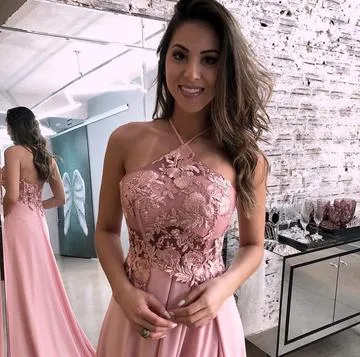 Sexy Lace Halter Pink Long Cheap Chiffon Prom Dresses With Leg Split, TYP1917