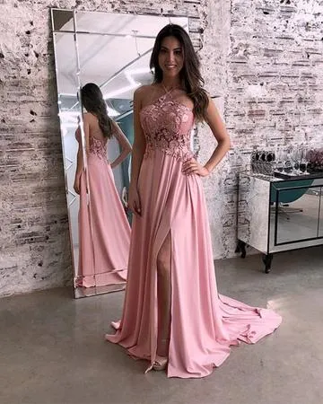 Sexy Lace Halter Pink Long Cheap Chiffon Prom Dresses With Leg Split, TYP1917