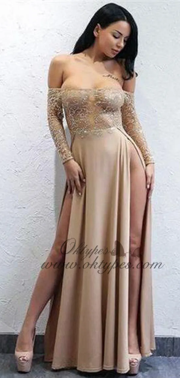 Sexy Long Sleeves Split Side Long Prom Dresses with Appliques, TYP1581