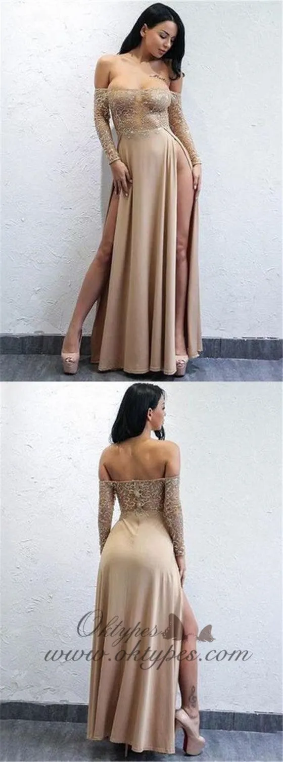Sexy Long Sleeves Split Side Long Prom Dresses with Appliques, TYP1581