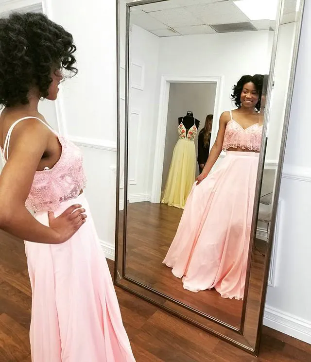 Sexy Pink Lace Prom Dresses with Spaghetti Straps 2018 Chiffon Two Piece Prom Party Gowns Beach