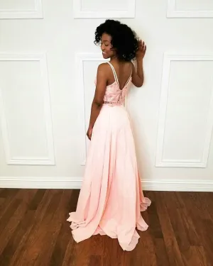 Sexy Pink Lace Prom Dresses with Spaghetti Straps 2018 Chiffon Two Piece Prom Party Gowns Beach