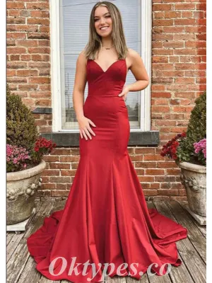 Sexy Rust Satin Spaghetti Straps V-Neck Mermaid Long Prom Dresses,PDS0596