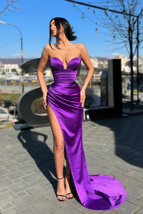Sexy Satin Sweetheart Sleeveless V-Neck Side Slit Sheath Long Prom Dresses,PDS0406