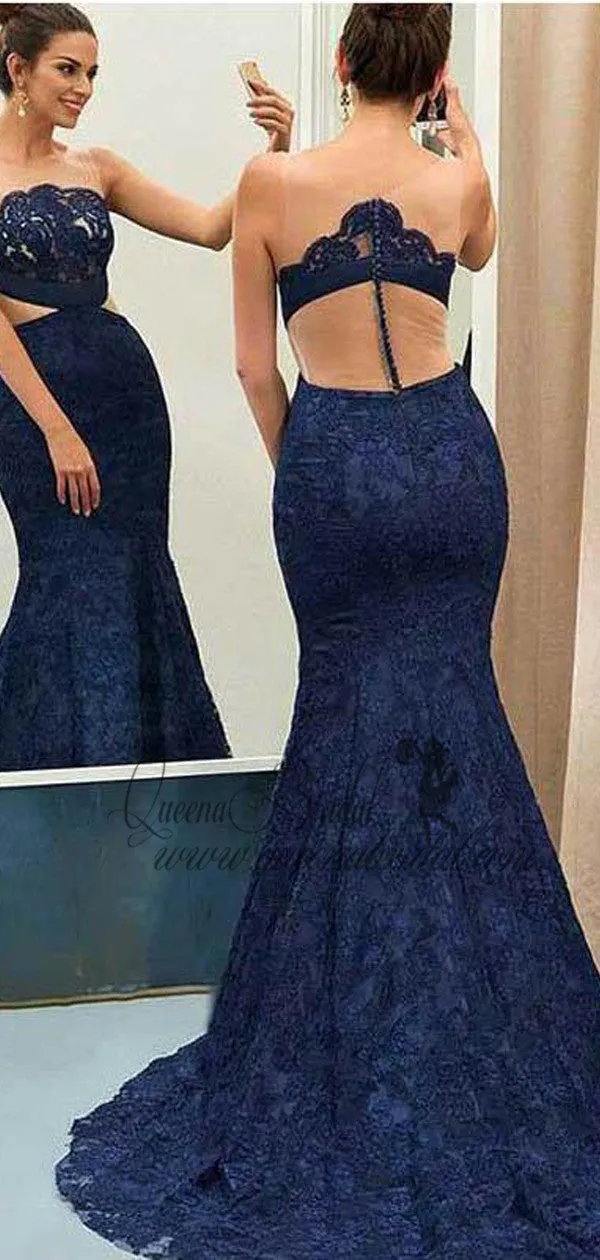 Sexy See Through Navy Lace Mermaid Long Evening Prom Dresses, QB0432