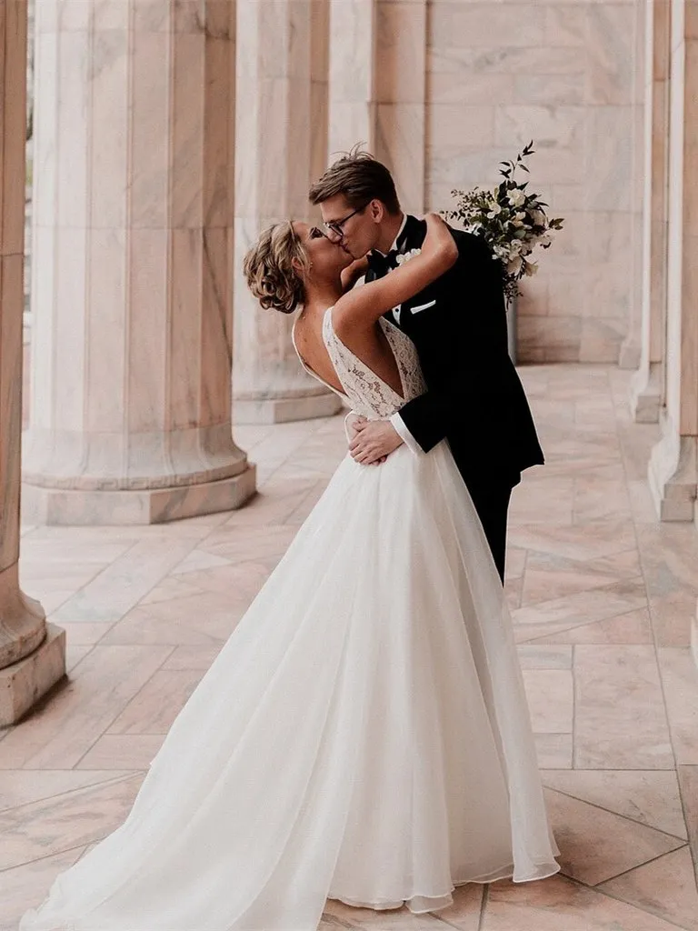 Sexy Sheer V-Neck Vintage Wedding Dress Open Back A-Line Wedding Dress Bridal Gown CA063