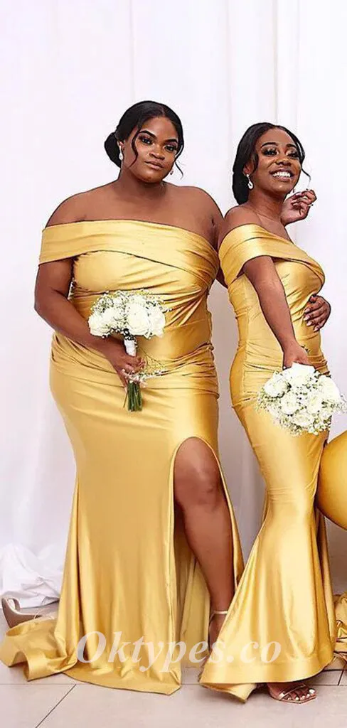 Sexy Soft Satin One Shoulder Sleeveless Side Slit Mermaid Floor Length Bridesmaid Dressses, BDS0248